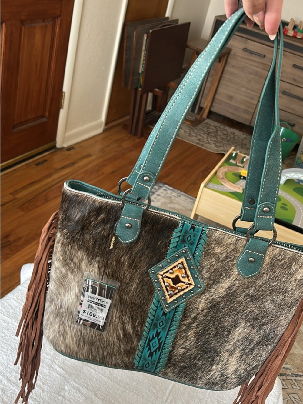 Teal Accent Hair-On Hide Tote Bag with Fringe